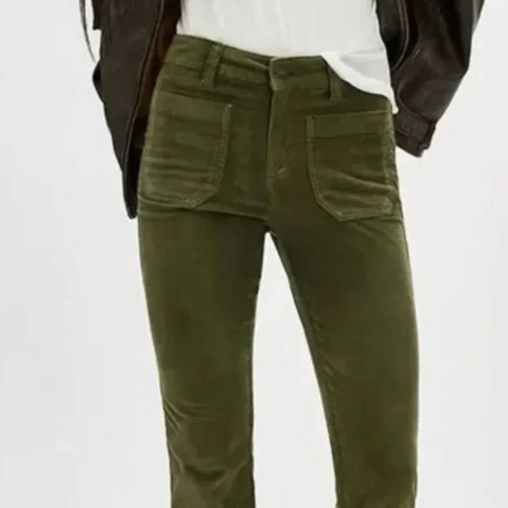 NWOT Free People High Time Velvet Kick Flare Pants Olive Army Green 12